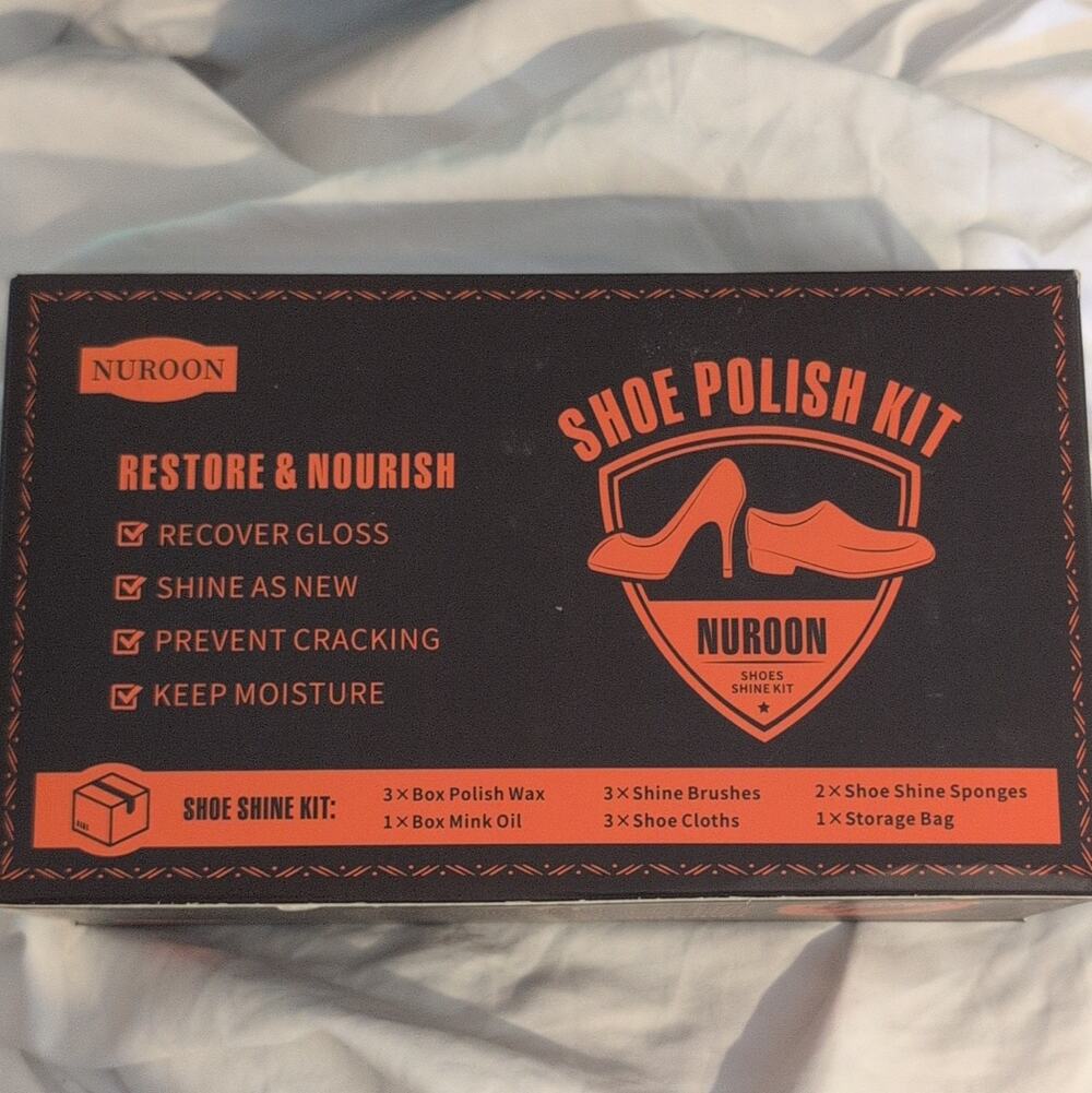 NUROON Shoe Polish & Shine Kit Box Set w/ Wax, Brushes, Mink Oil, Bag